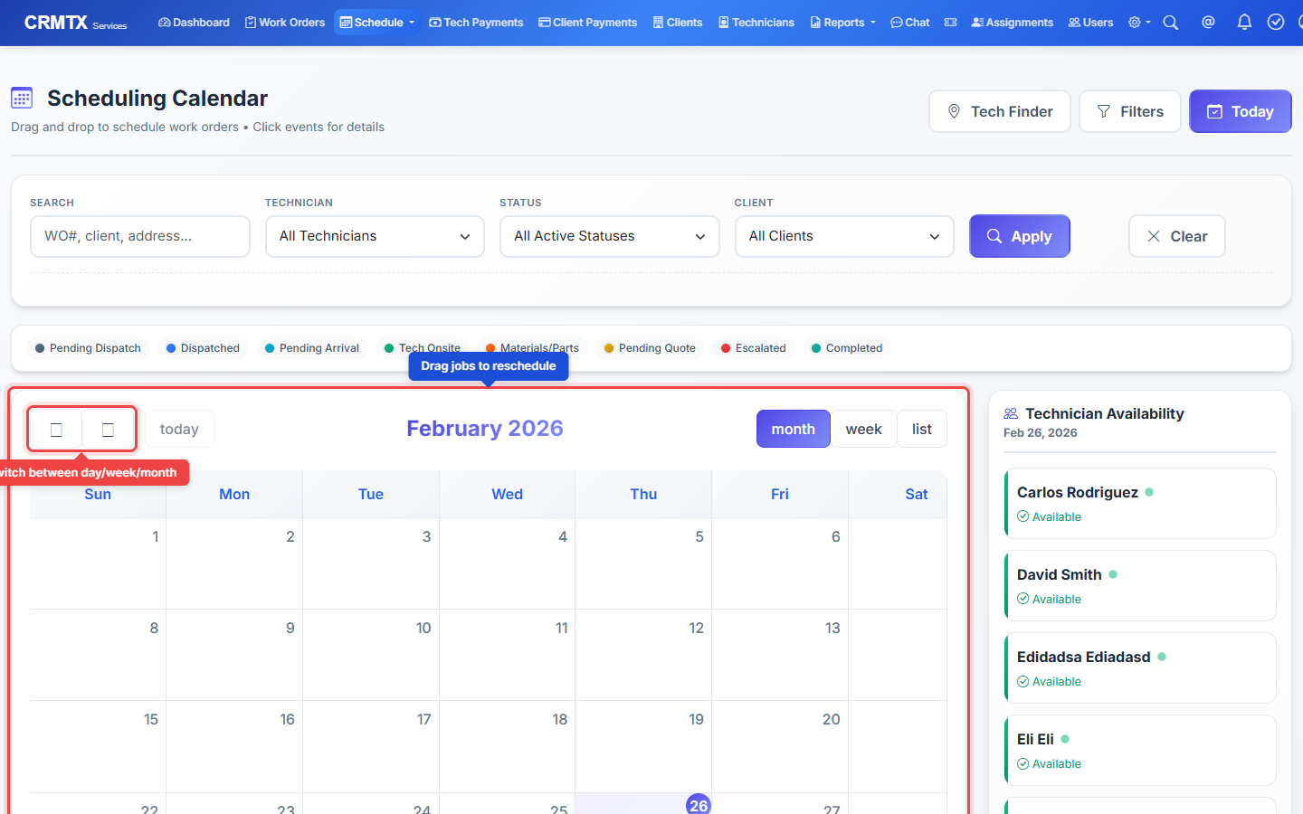 Step 2: The scheduling calendar — drag and drop jobs across technicians and dates