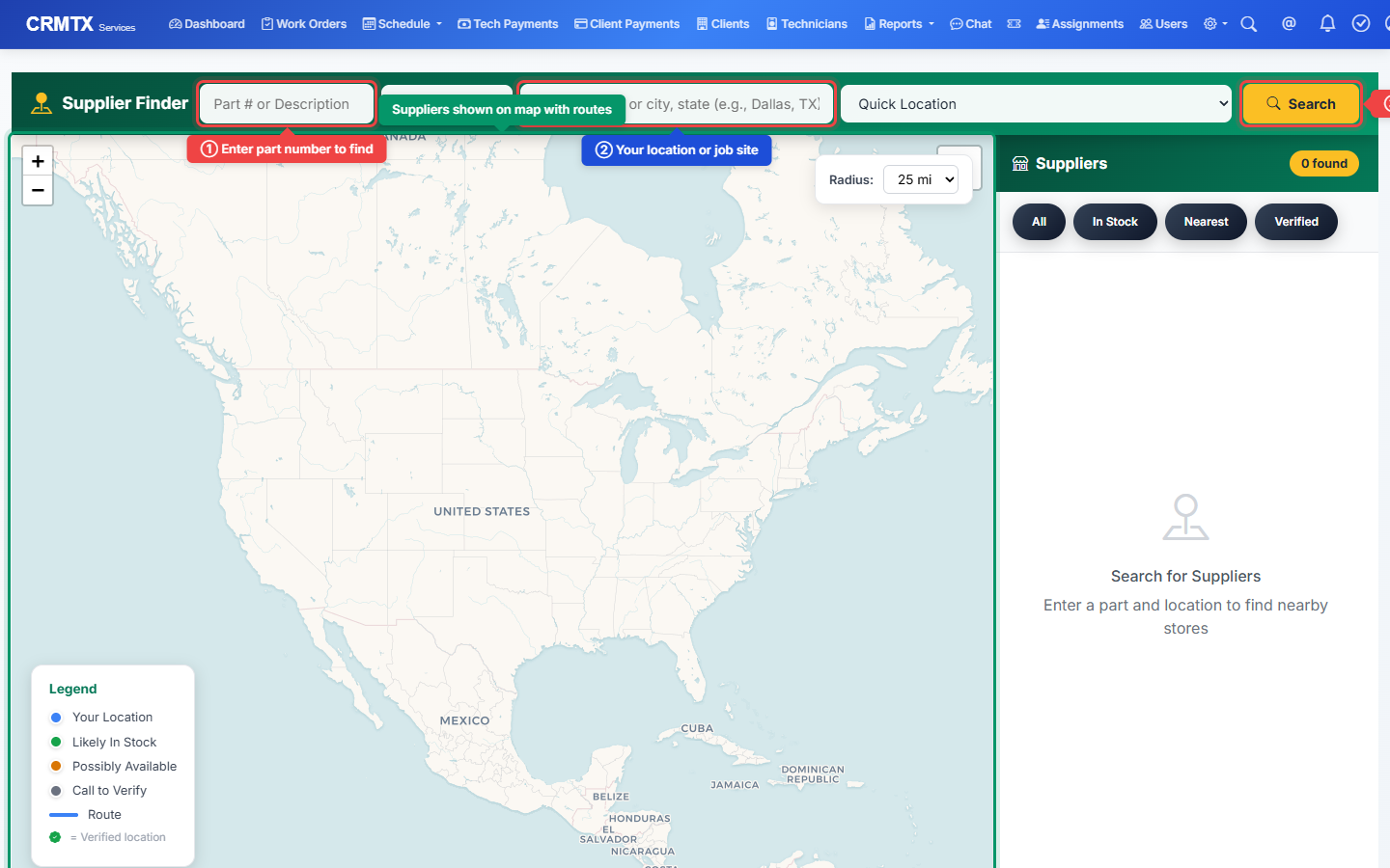 Local Supplier Finder map showing nearby suppliers with routes and stock info